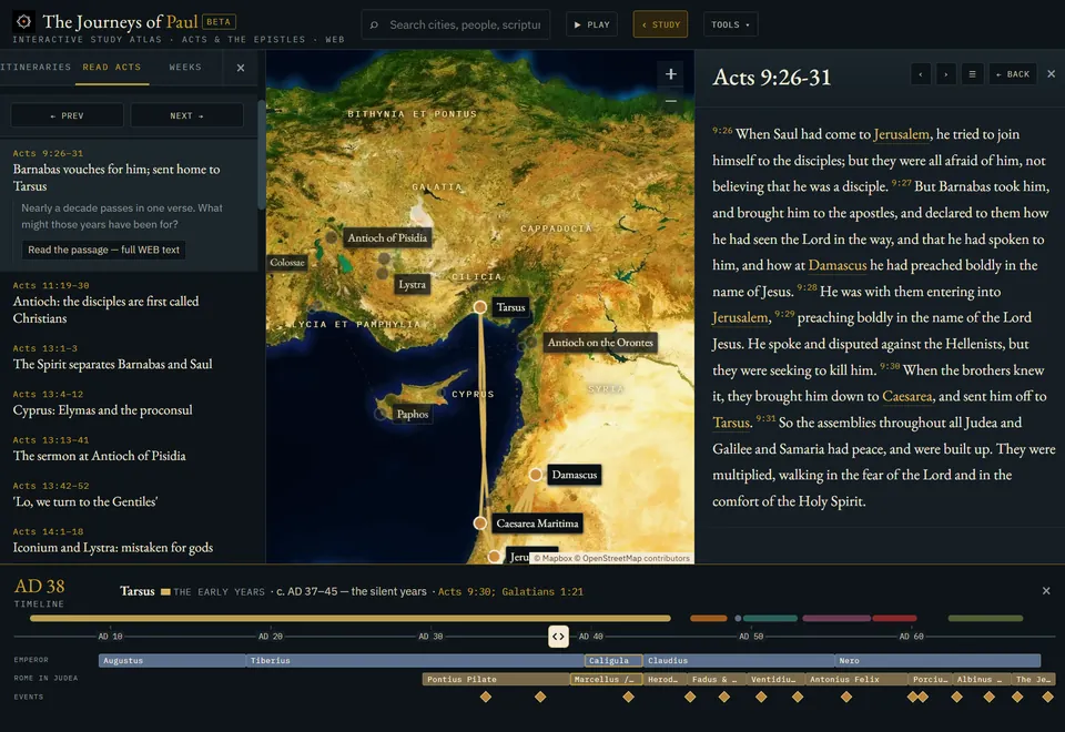 Paul's Journeys: map of the eastern Mediterranean with Paul's route and the text of Acts 9